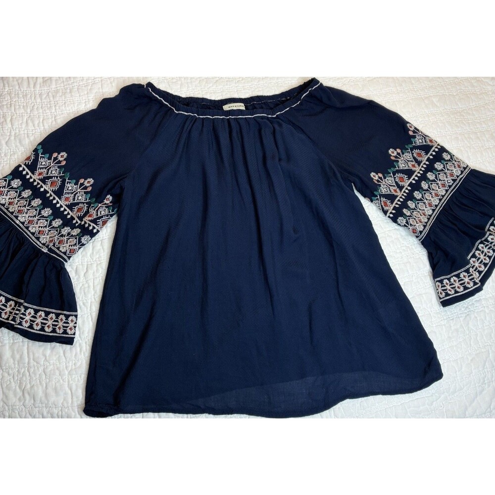 Navy blue peasant top sz S boho embroidered flare sleeve elastic scoop neck folk